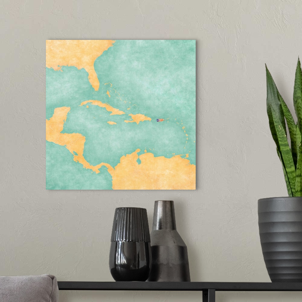 A modern room featuring Map Of Caribbean - Puerto Rico (vintage Series)