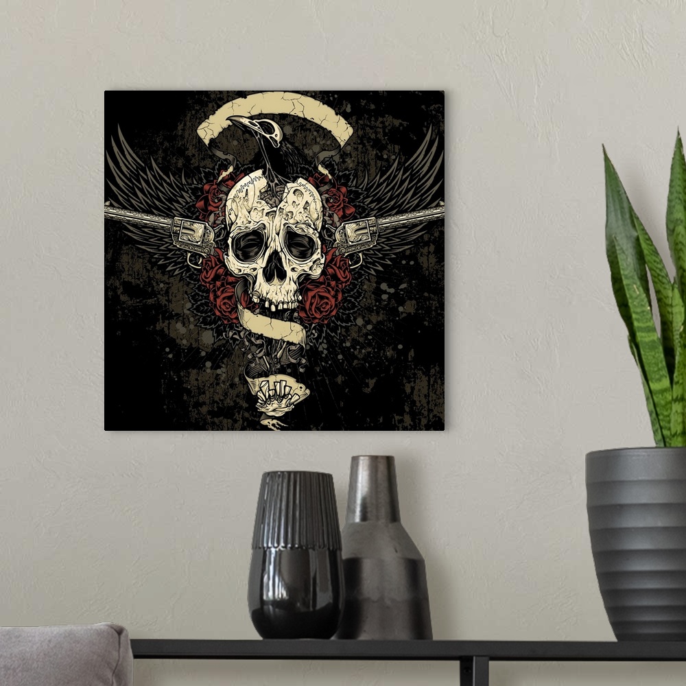 A modern room featuring Raven Skull Collage