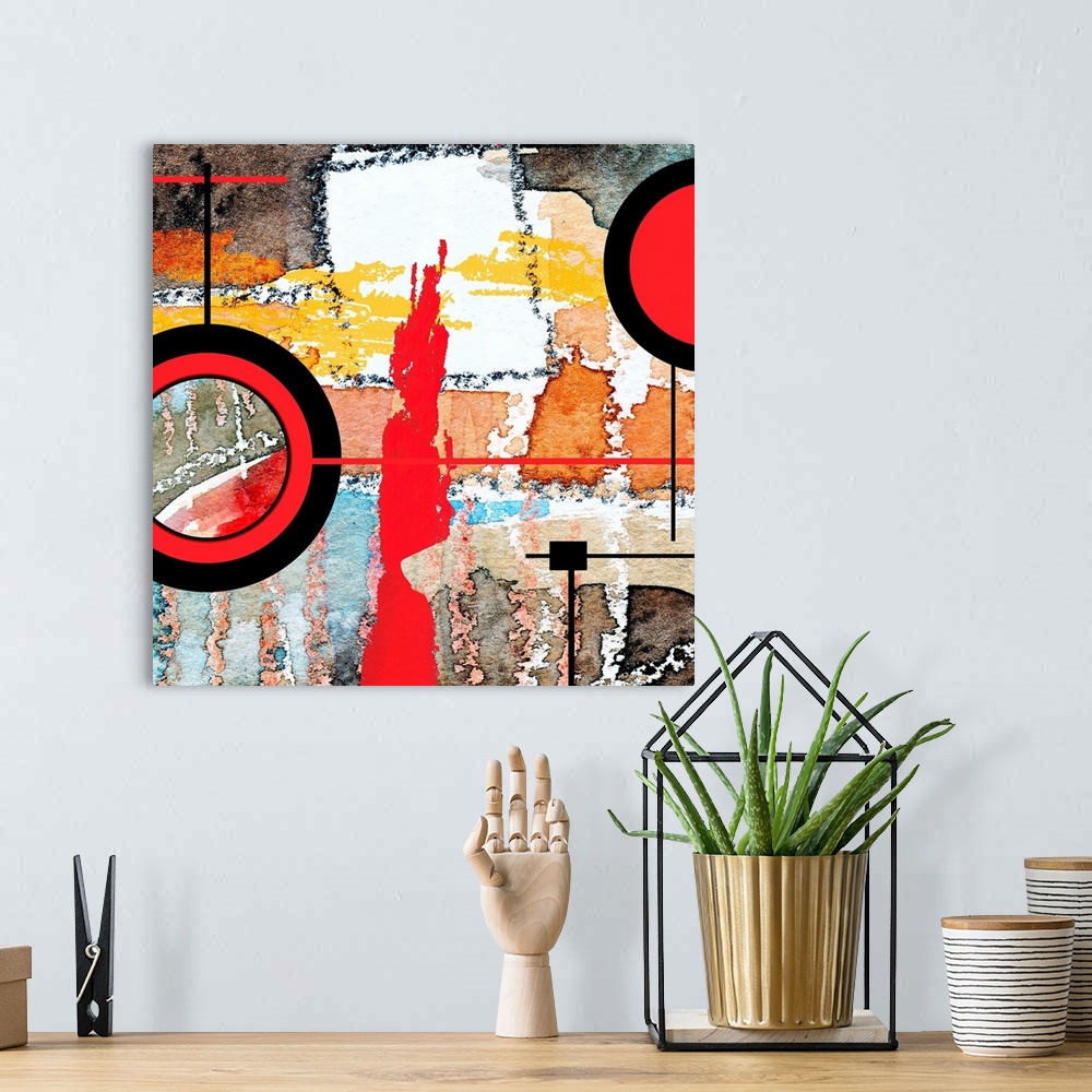 A bohemian room featuring abstract art collage, mixed media and watercolor on paper