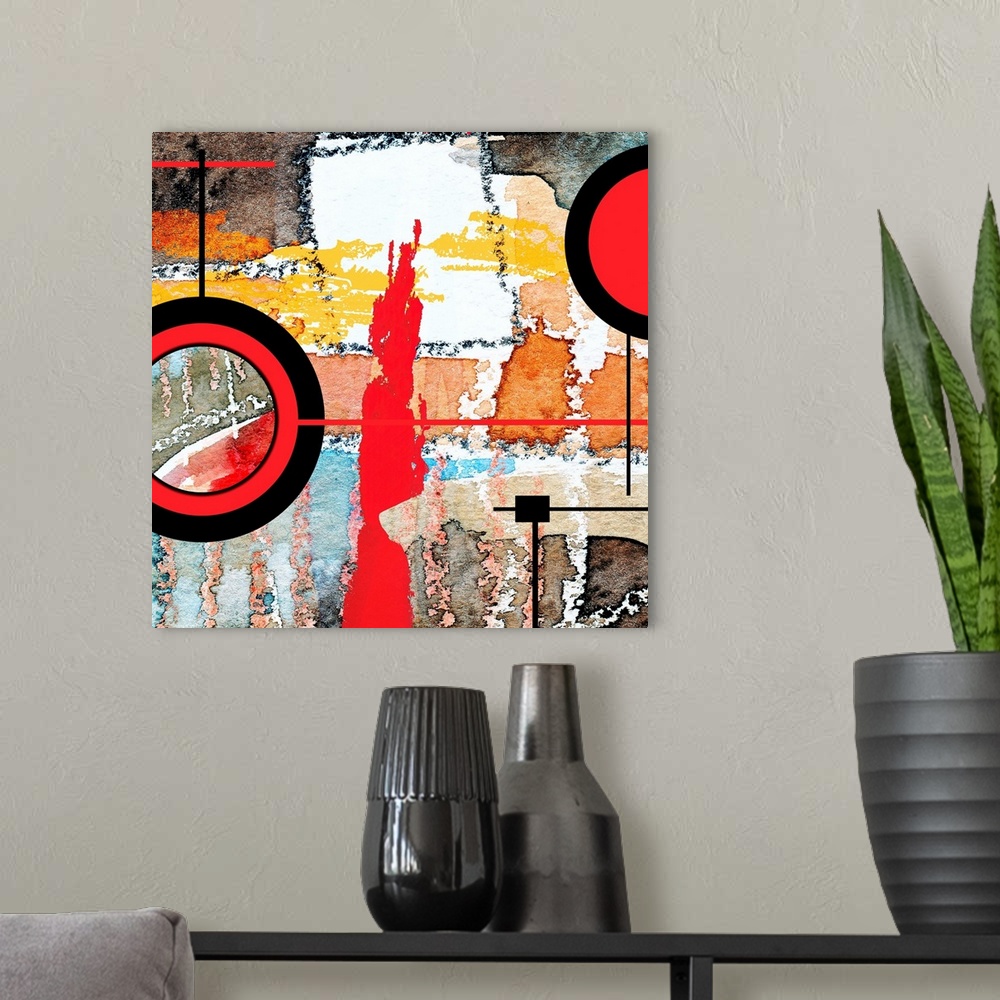 A modern room featuring abstract art collage, mixed media and watercolor on paper