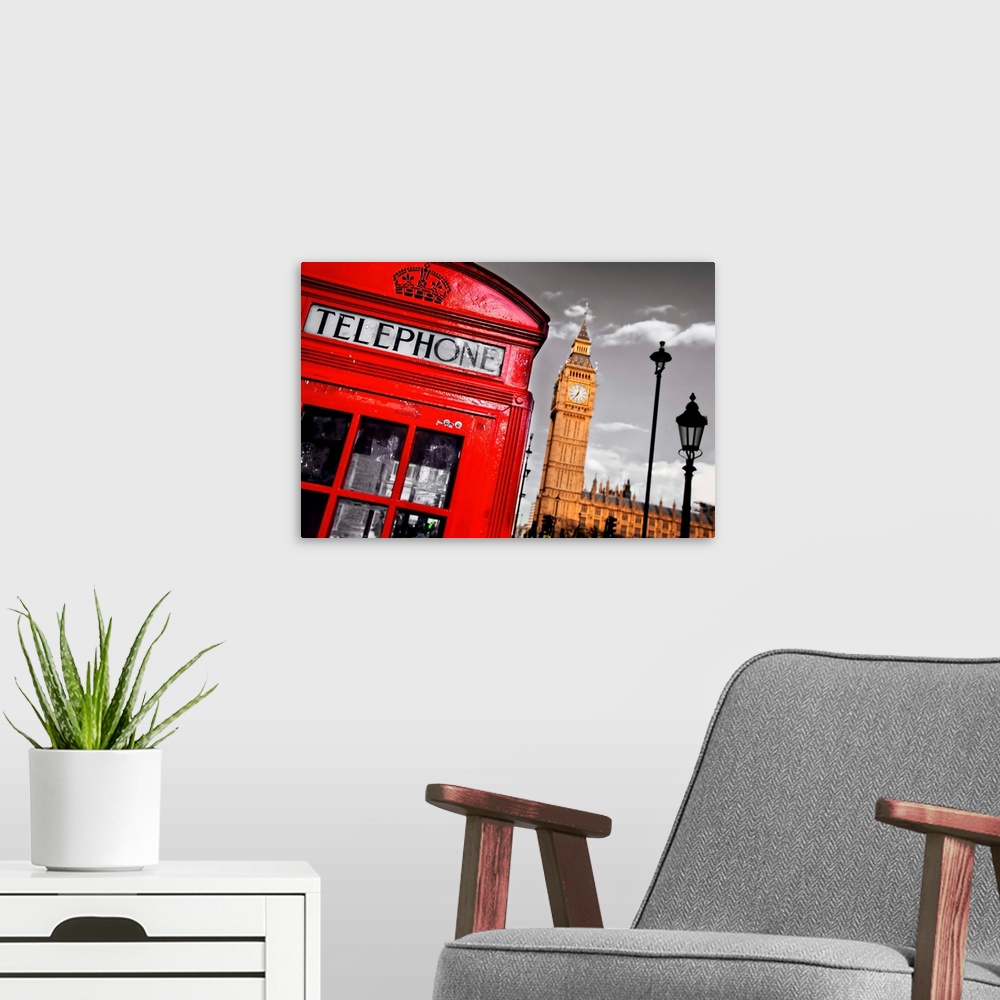 A modern room featuring Red telephone booth and Big Ben in London, England, the UK. The symbols of London on black on whi...
