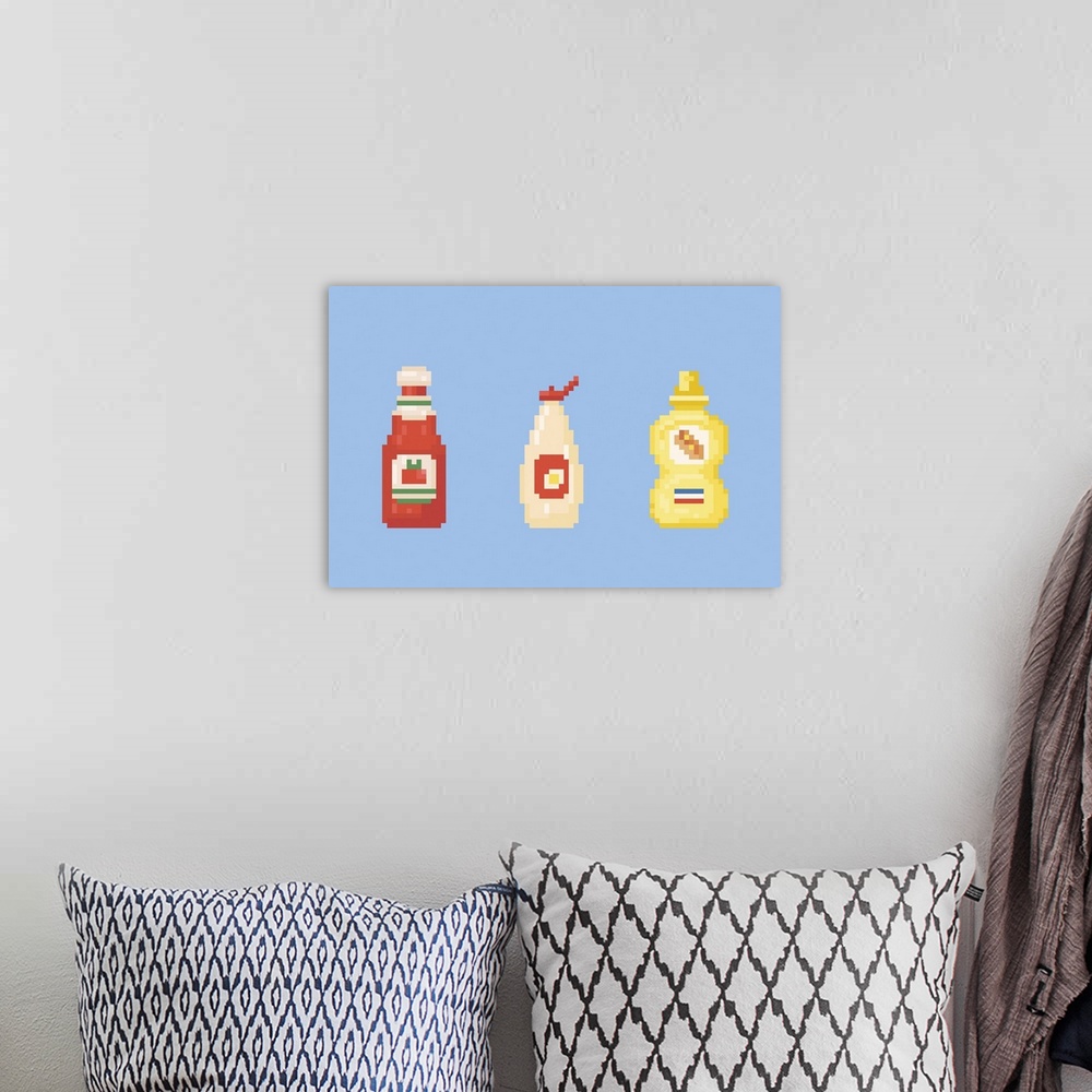A bohemian room featuring Sauces icon set. Tomato ketchup, mayonnaise and mustard. Pixel fast food sauce bottles.