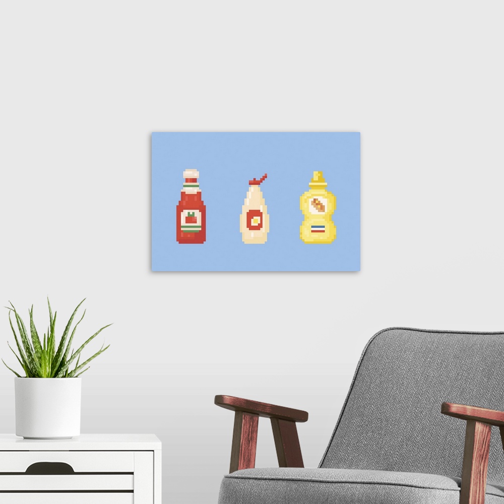 A modern room featuring Sauces icon set. Tomato ketchup, mayonnaise and mustard. Pixel fast food sauce bottles.