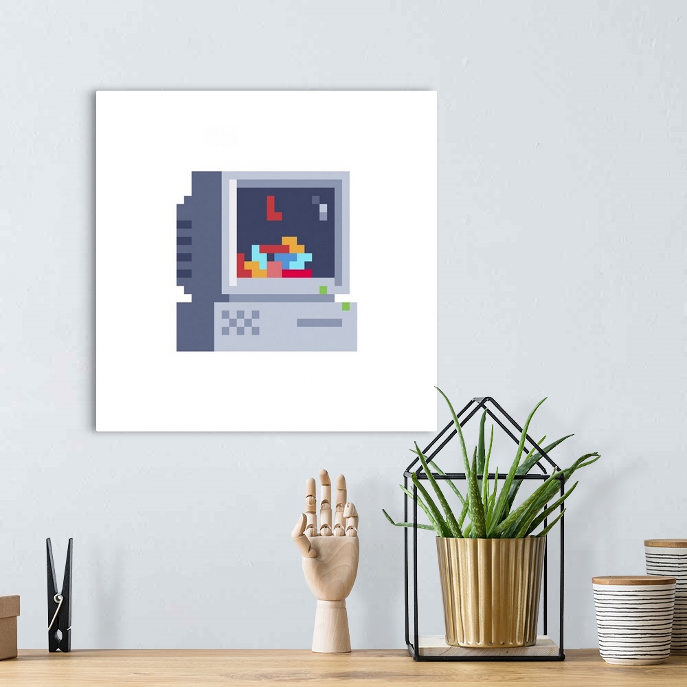 A bohemian room featuring Retro computer icon. Tetris game on the screen. Originally a vector illustration.