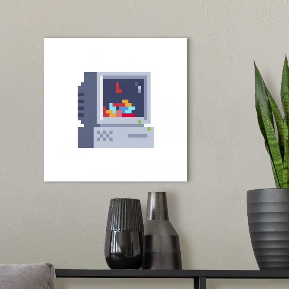 A modern room featuring Retro computer icon. Tetris game on the screen. Originally a vector illustration.