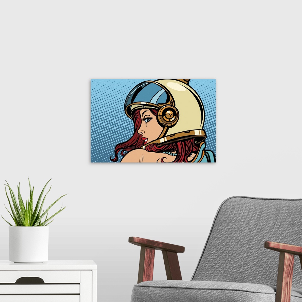A modern room featuring Retro Pop Art Woman Astronaut