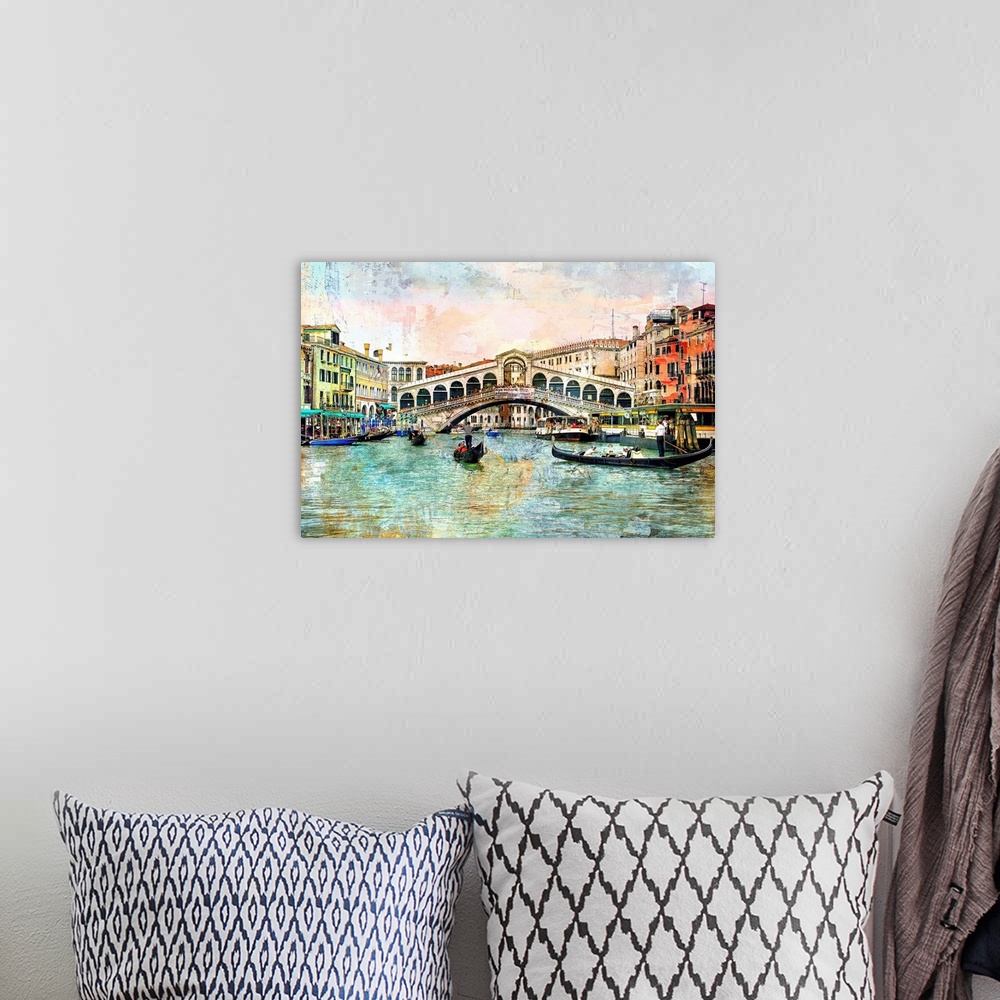 A bohemian room featuring Rialto bridge - Venetian picture - artwork in painting style
