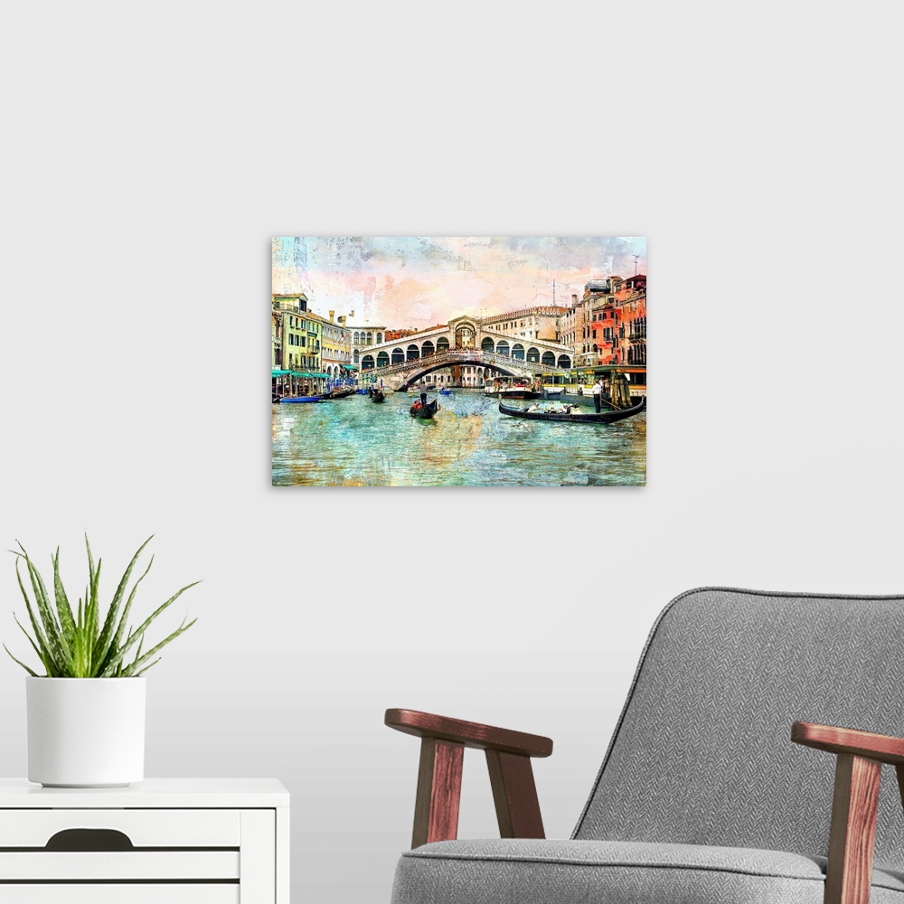 A modern room featuring Rialto bridge - Venetian picture - artwork in painting style