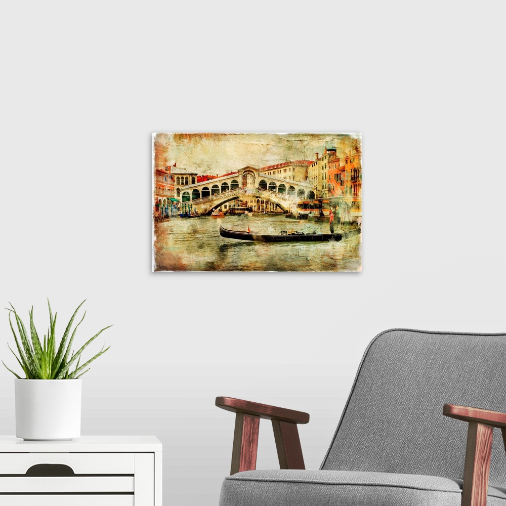 A modern room featuring amazing Venice,Rialto bridge - artwork in painting style