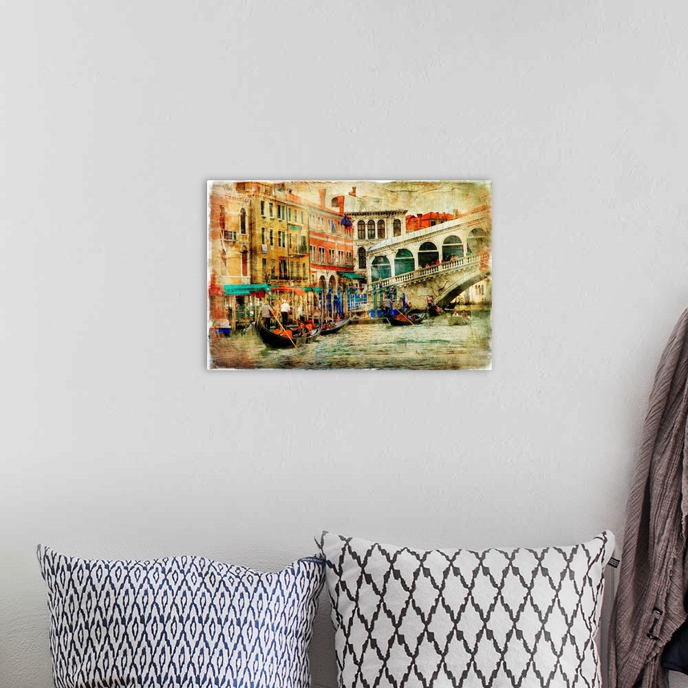 A bohemian room featuring amazing Venice, Rialto bridge - artwork in painting style