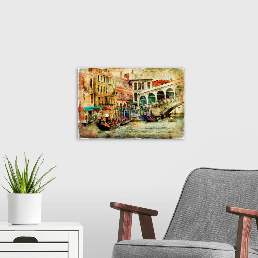 A modern room featuring amazing Venice, Rialto bridge - artwork in painting style