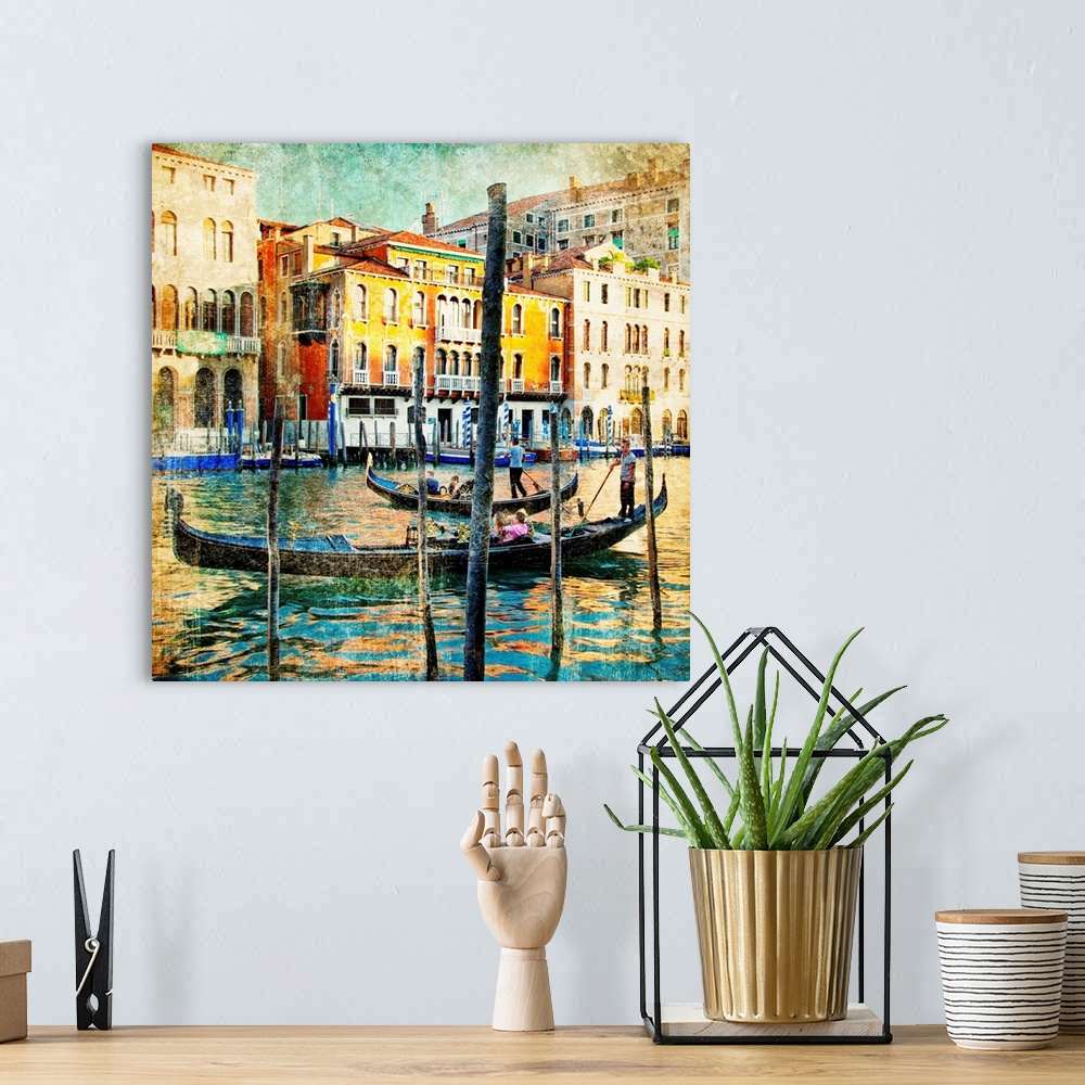 A bohemian room featuring romantic venice - artwork in painting style
