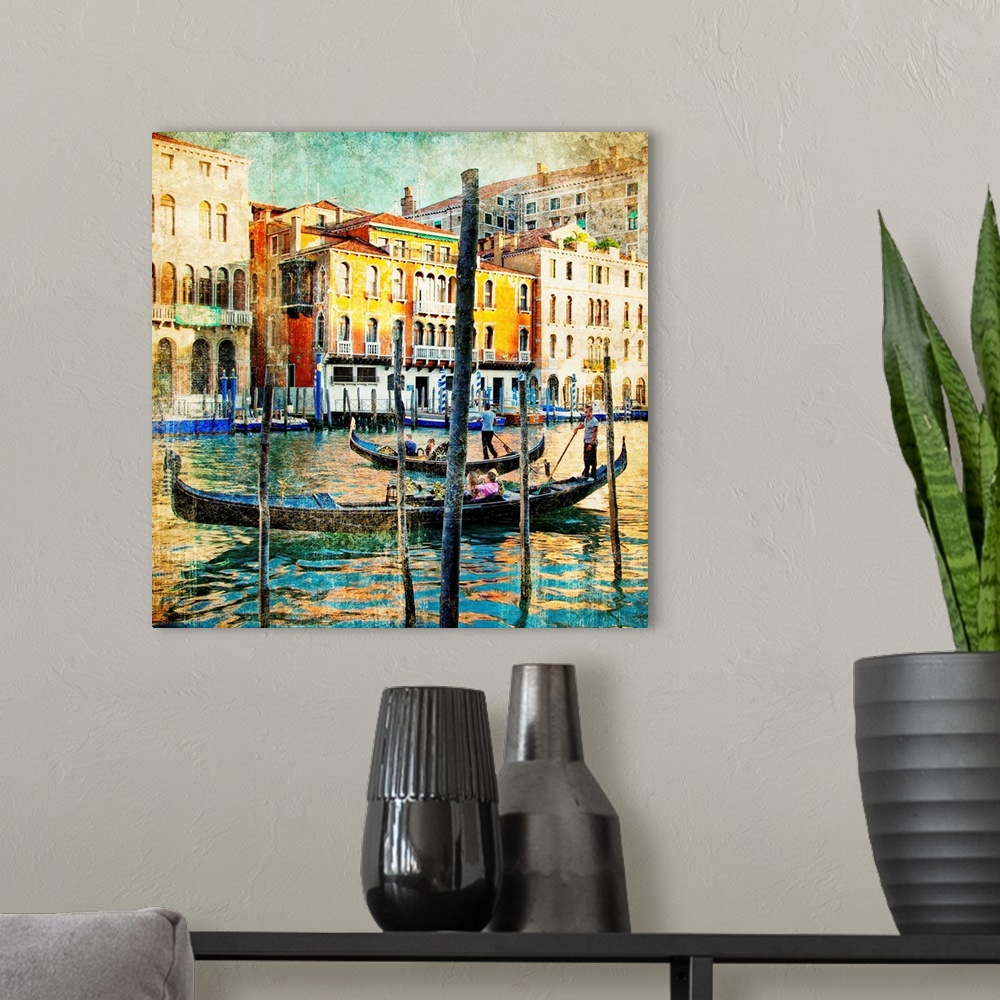 A modern room featuring romantic venice - artwork in painting style