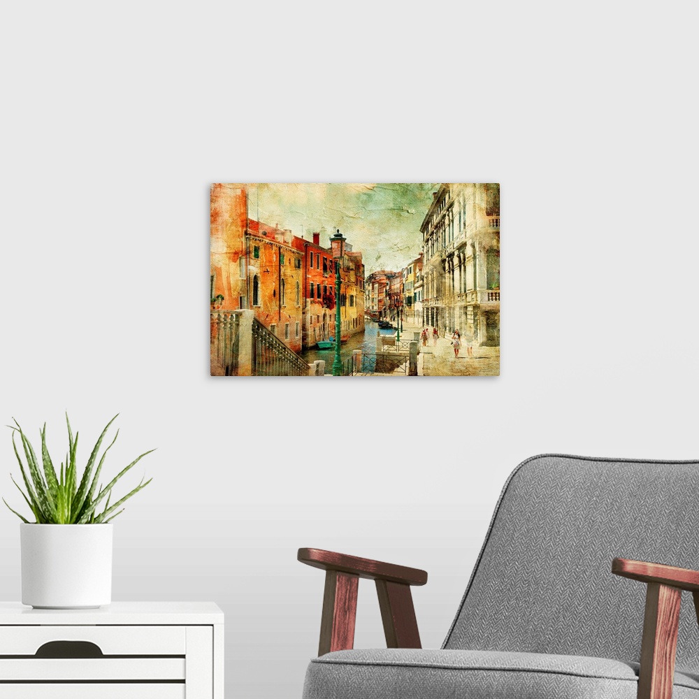 A modern room featuring romantic Venice - artwork in painting style