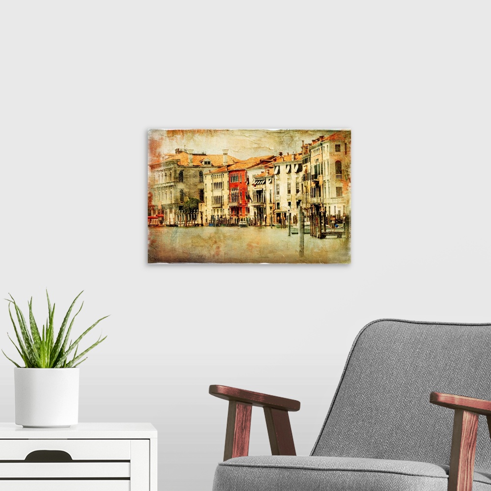A modern room featuring Venice, artwork in painting style
