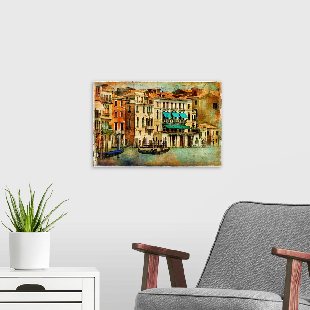 A modern room featuring romantic Venice - artwork in painting style