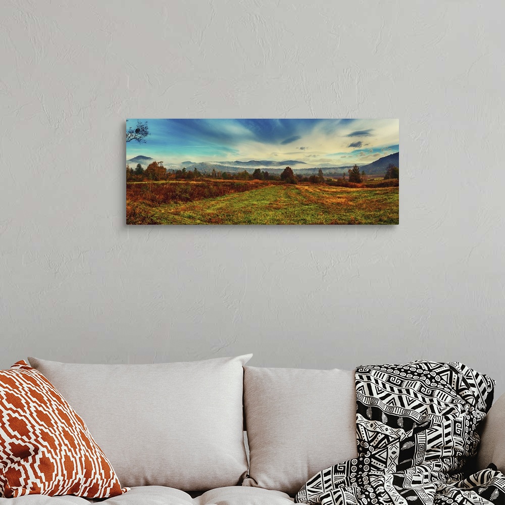 A bohemian room featuring Rural Foggy Autumn Landscape With Red Trees And Clouds