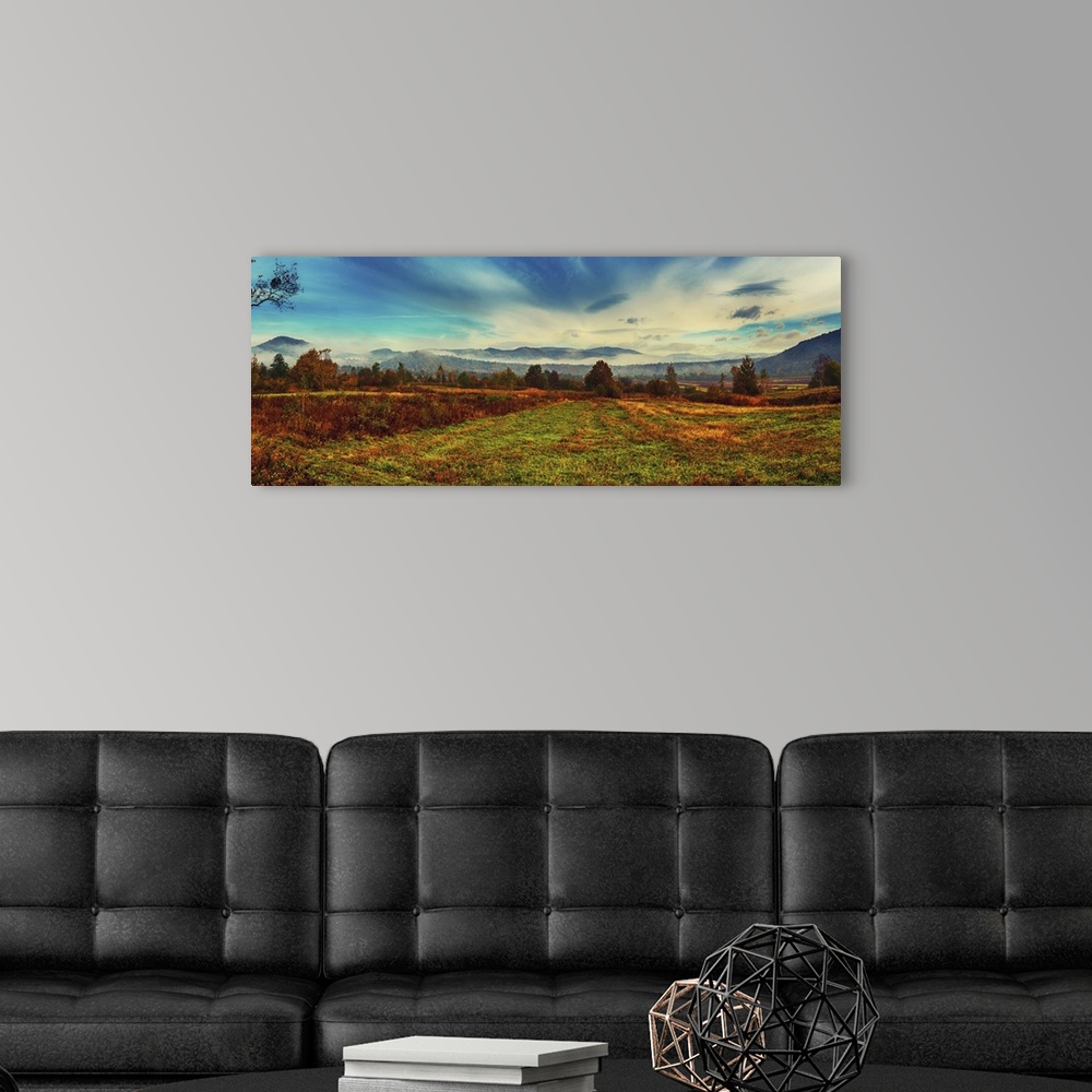 A modern room featuring Rural Foggy Autumn Landscape With Red Trees And Clouds