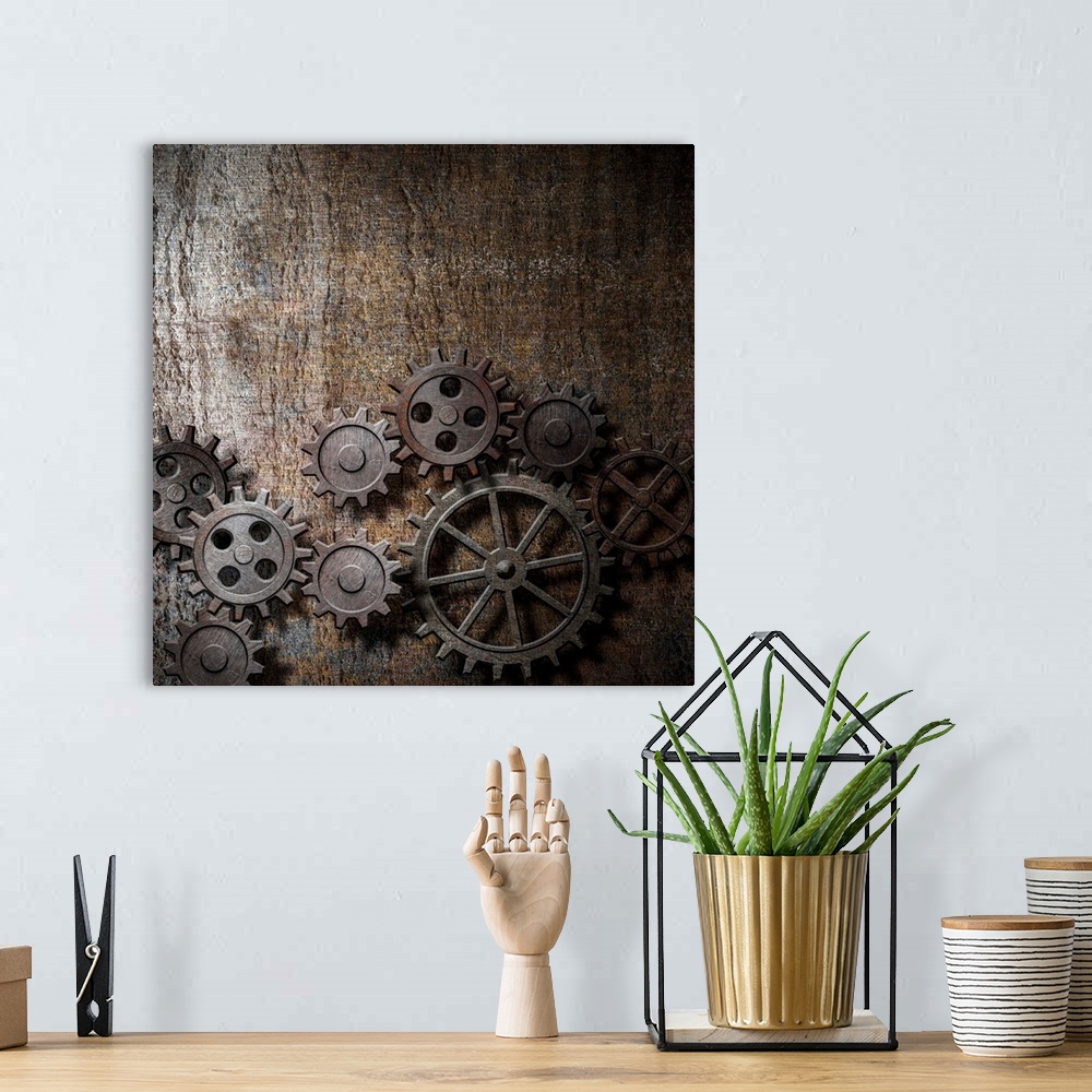 A bohemian room featuring metal background with rusty gears and cogs