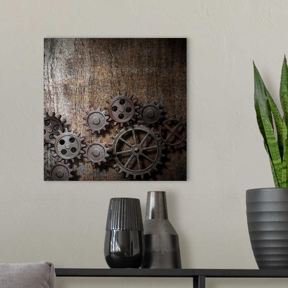 A modern room featuring metal background with rusty gears and cogs
