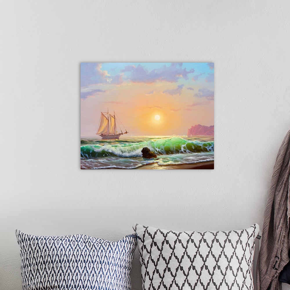 A bohemian room featuring Oil painting on canvas , sailboat against a background of sea sunset