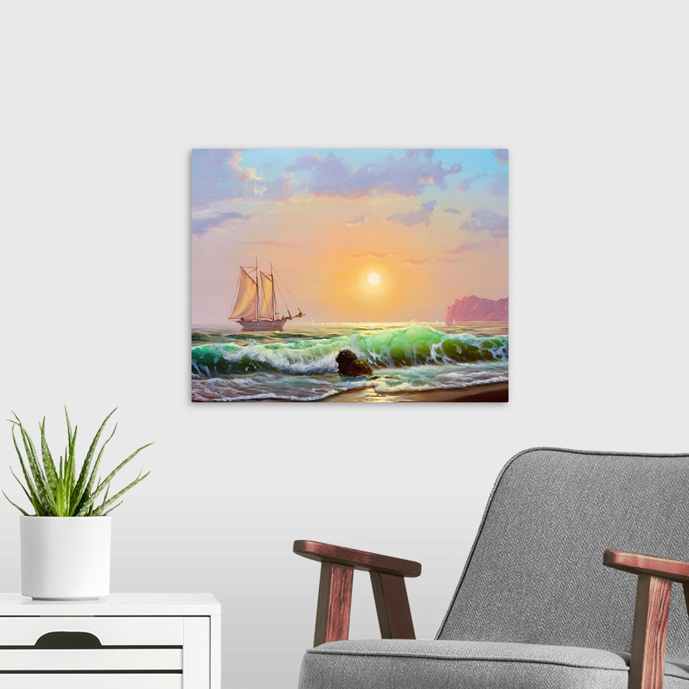 A modern room featuring Oil painting on canvas , sailboat against a background of sea sunset
