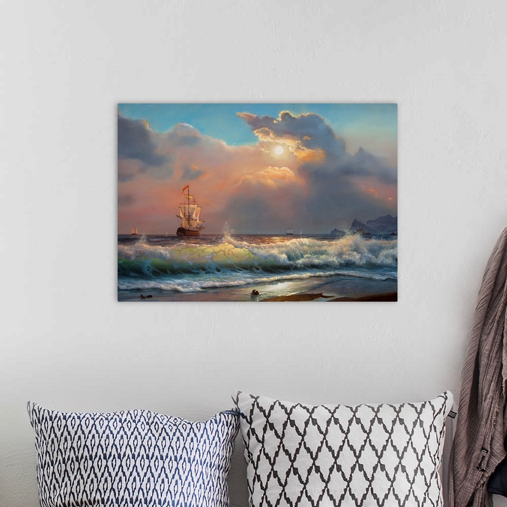 A bohemian room featuring Oil painting on canvas , sailboat against a background of sea