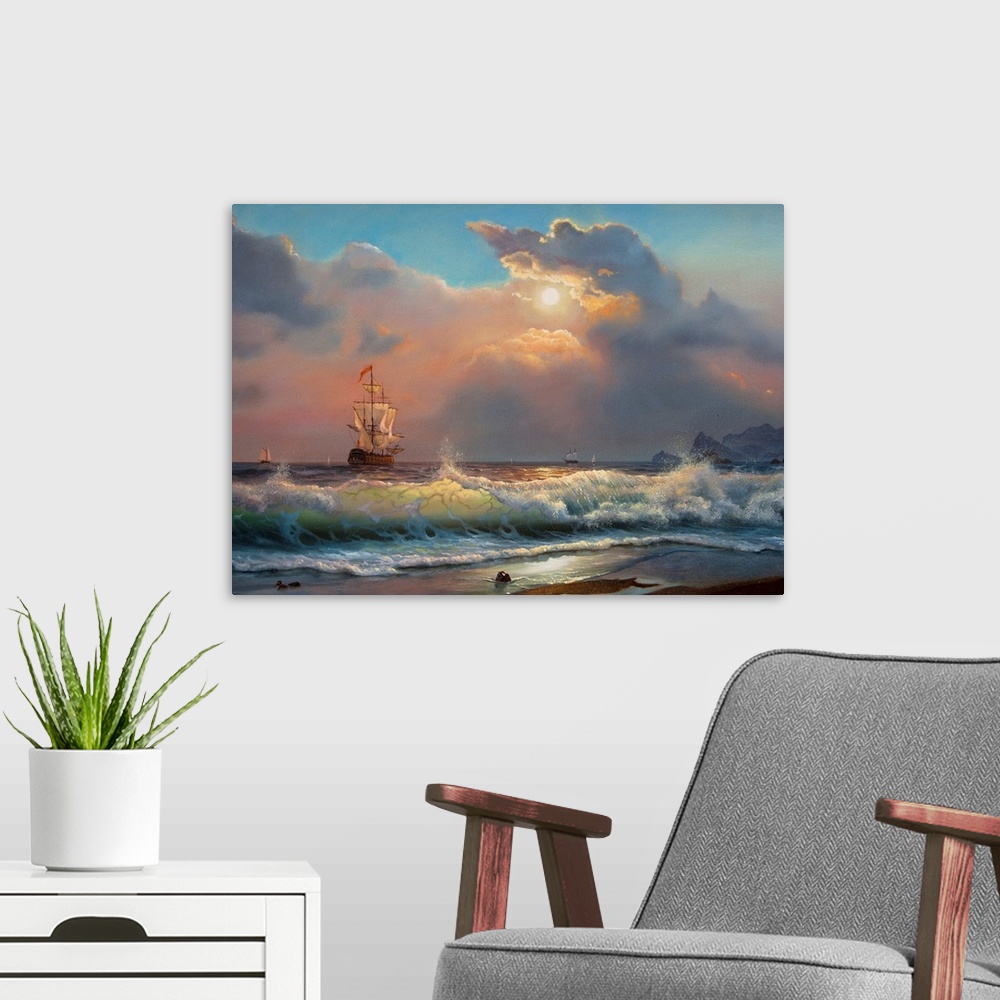 A modern room featuring Oil painting on canvas , sailboat against a background of sea
