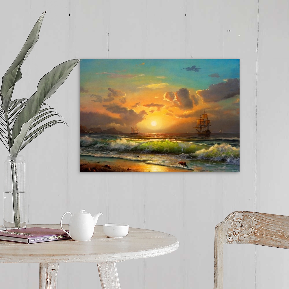 A farmhouse room featuring sailboat against a background of sea sunset, Oil painting