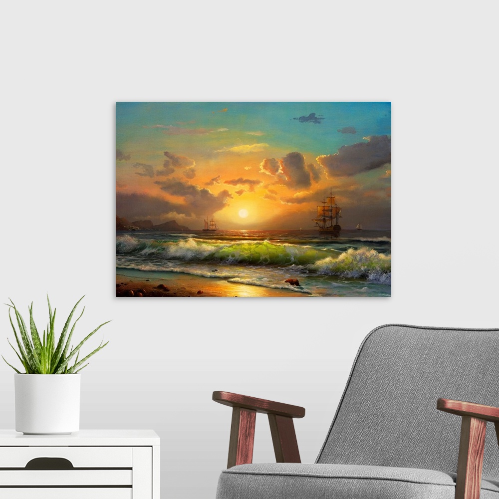A modern room featuring sailboat against a background of sea sunset, Oil painting
