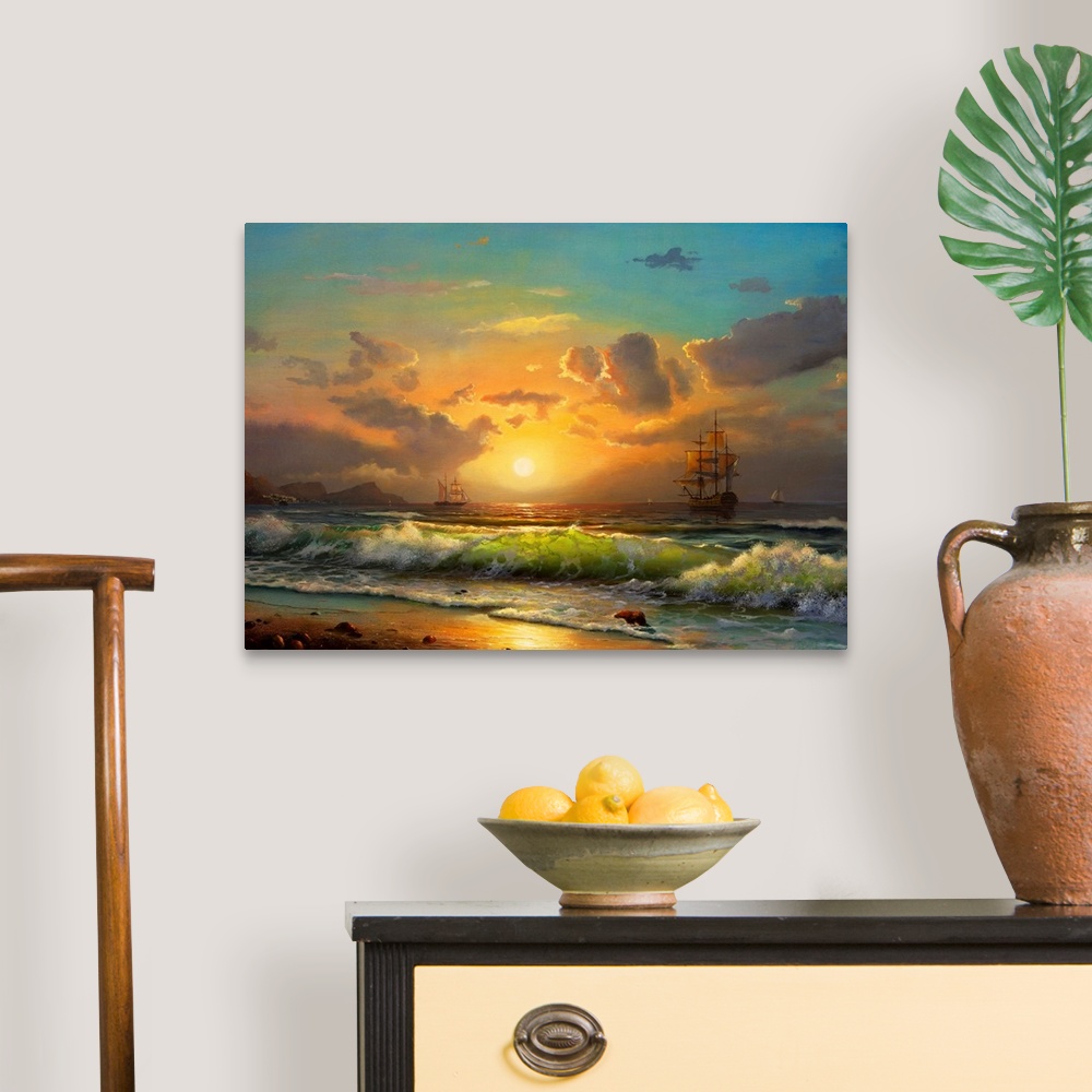 A traditional room featuring sailboat against a background of sea sunset, Oil painting