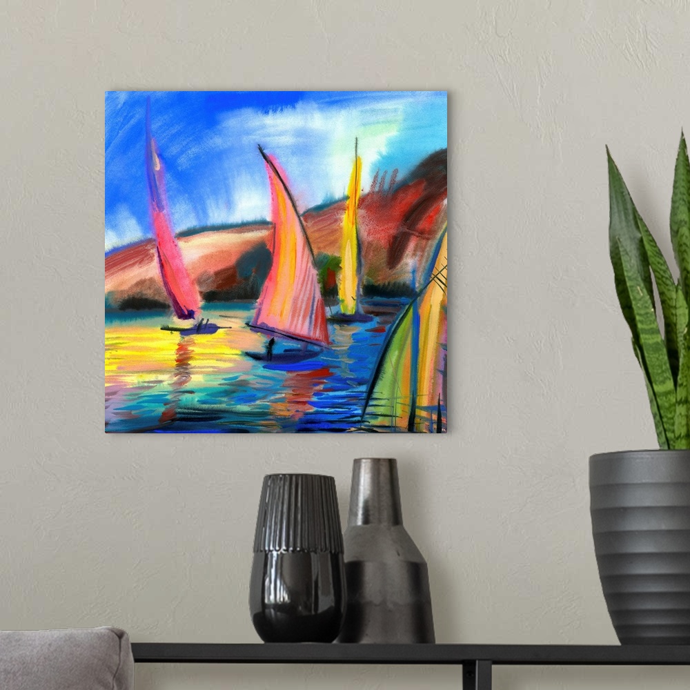 A modern room featuring Sailing boats in the sea