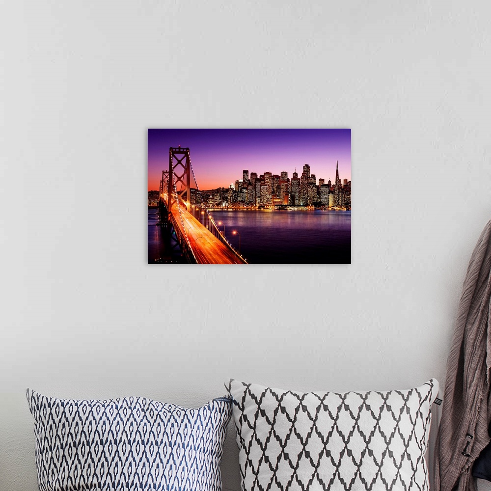 A bohemian room featuring San Francisco skyline and Bay Bridge at sunset, California.