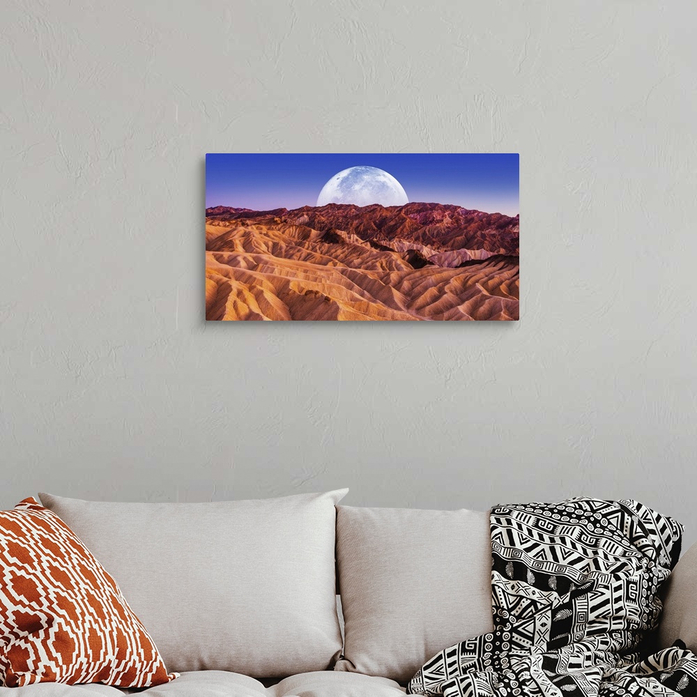 A bohemian room featuring Sandstones Landscape And The Moon, Death Valley National Park Badlands, California