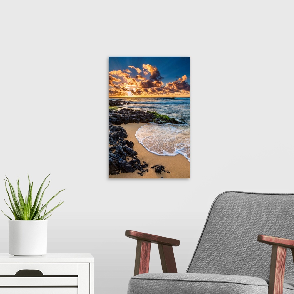 A modern room featuring Sunrise at the shore of Sandy Beach on Oahu, Hawaii.