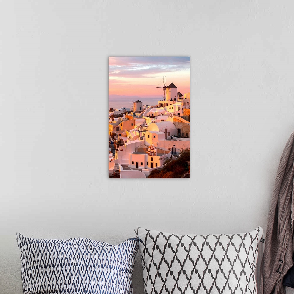 A bohemian room featuring Oia Santorini Greece famous with romantic and beautiful sunsets.