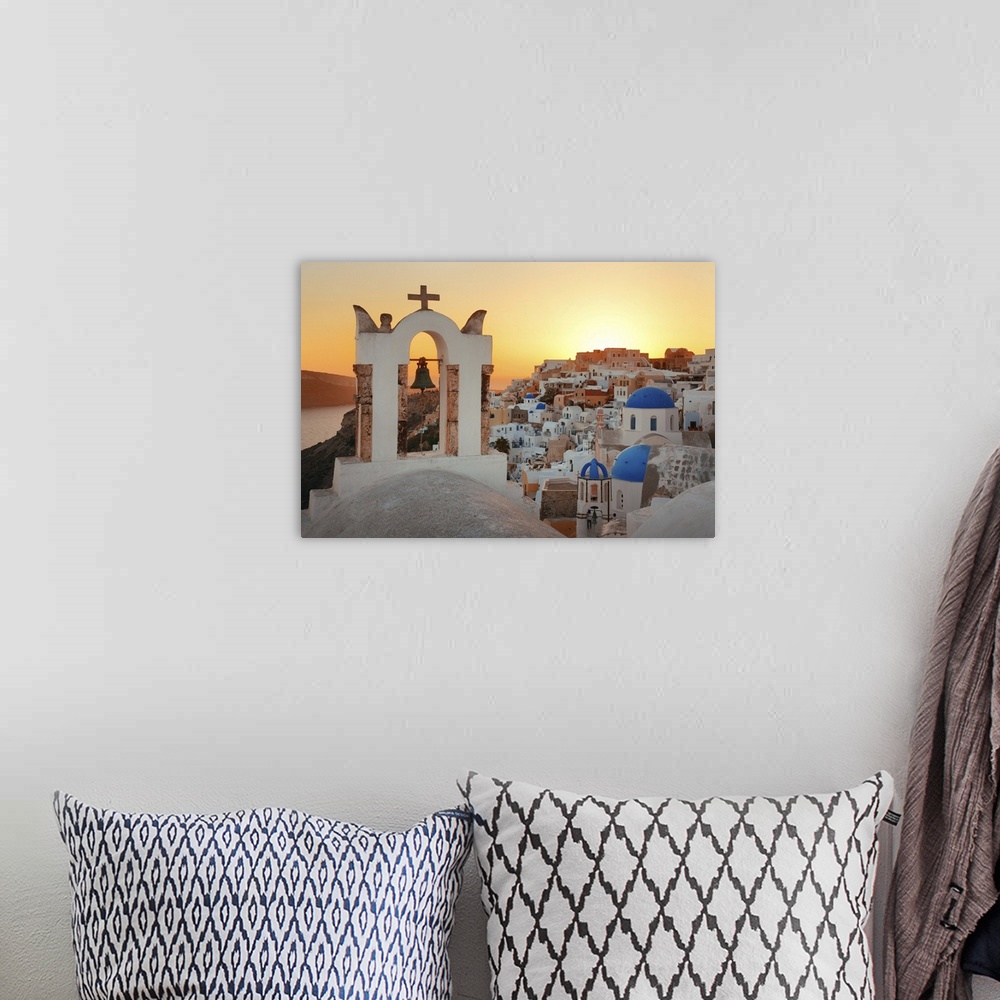 A bohemian room featuring Santorini Skyline Sunset With Church Bell And Buildings In Greece