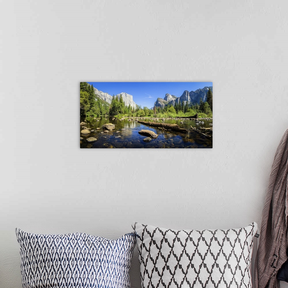 A bohemian room featuring Scenic Panoramic View Of Famous Yosemite Valley, El Capitan Rock, And Merced River