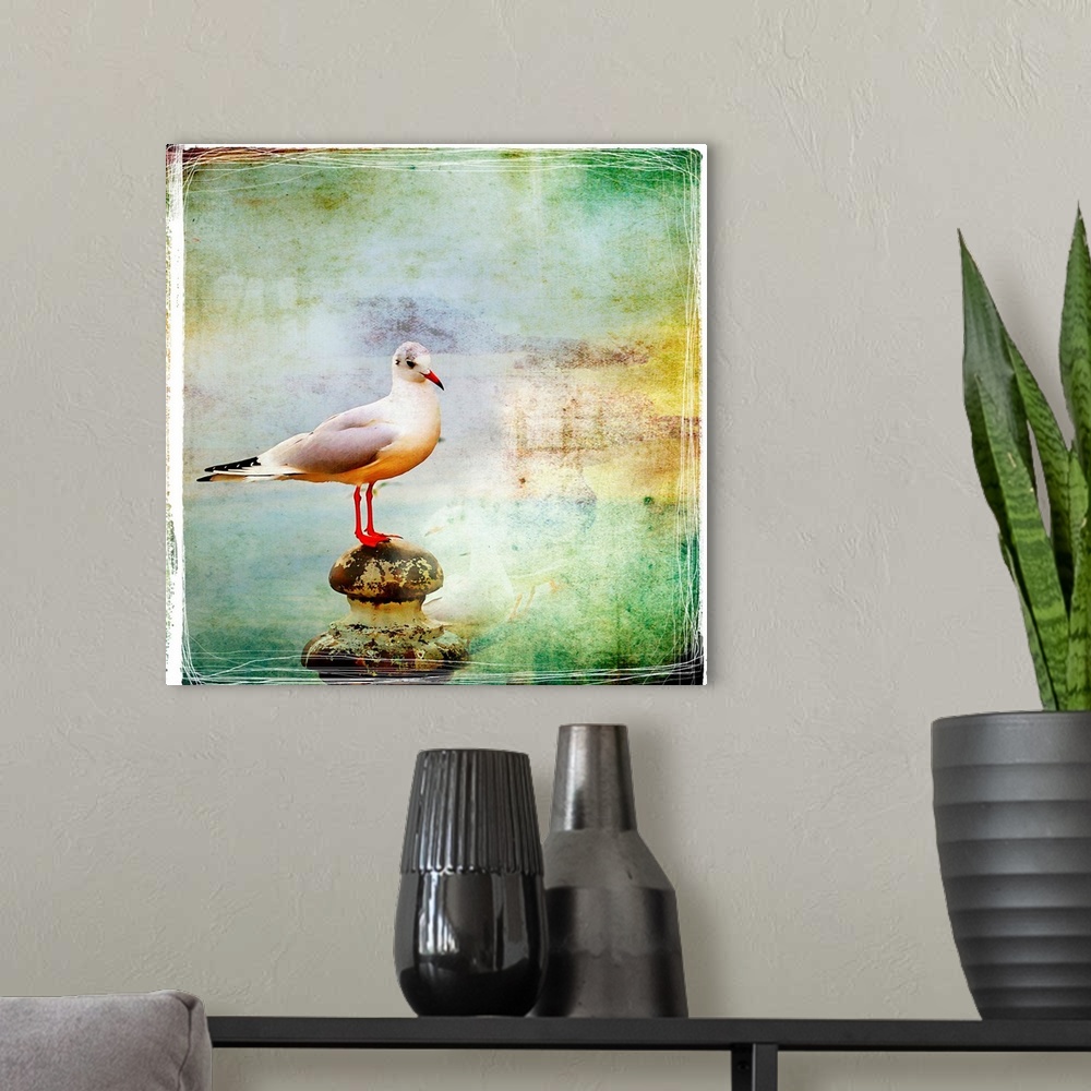 A modern room featuring sea gull-artistic retro styled picture