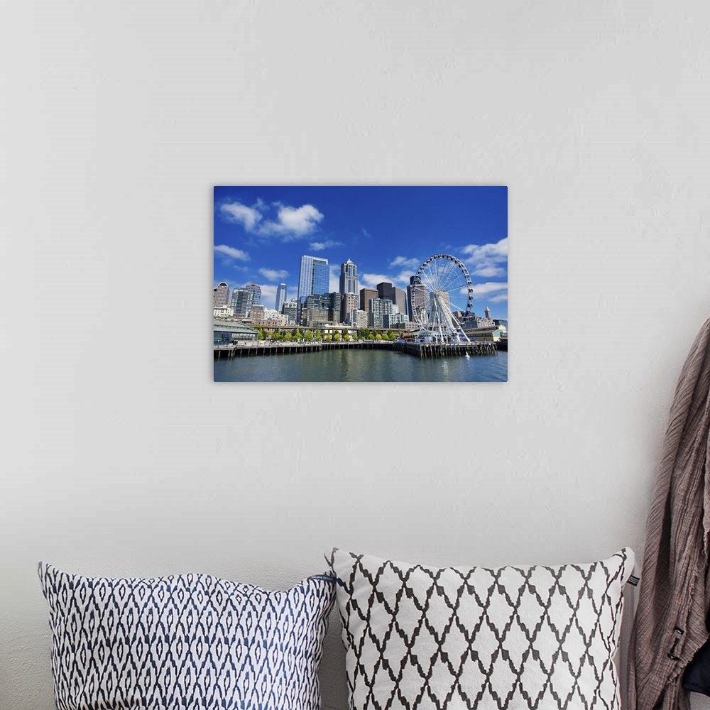 A bohemian room featuring Seattle Ferris Wheel, Skyline, And Waterfront Sunny Day With Blue Sky And Clouds