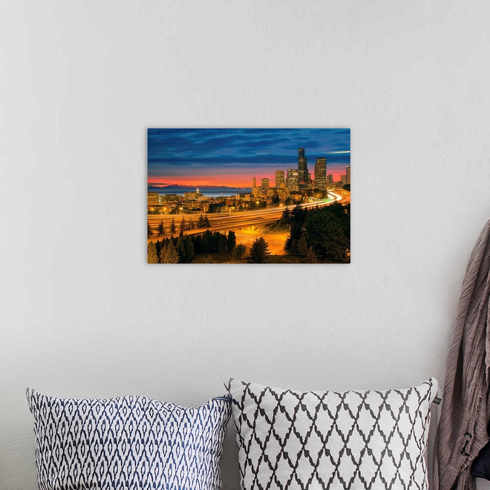 A bohemian room featuring Seattle Washington City Skyline with Freeway Light Trails After Sunset.