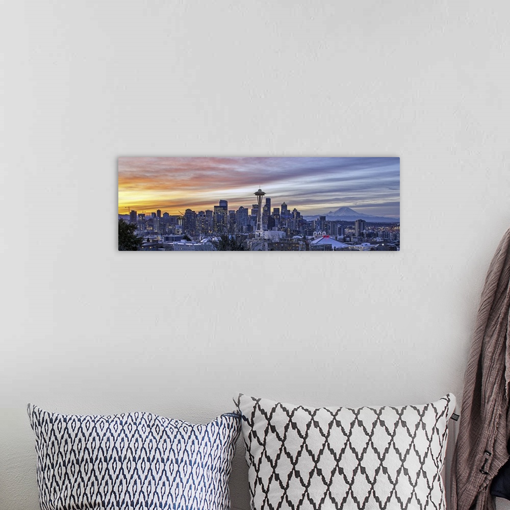 A bohemian room featuring Seattle Skyline And Mt Rainier As Seen From Kerry Park At Sunrise