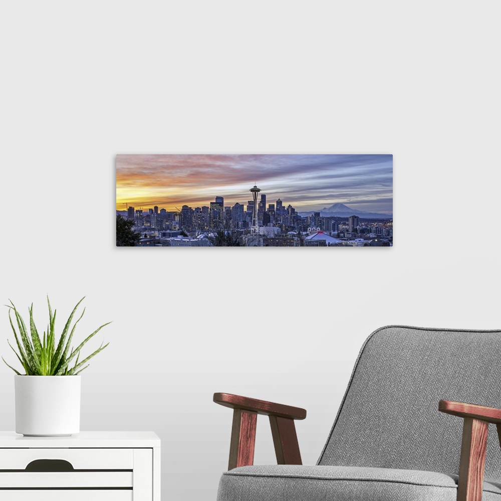 A modern room featuring Seattle Skyline And Mt Rainier As Seen From Kerry Park At Sunrise