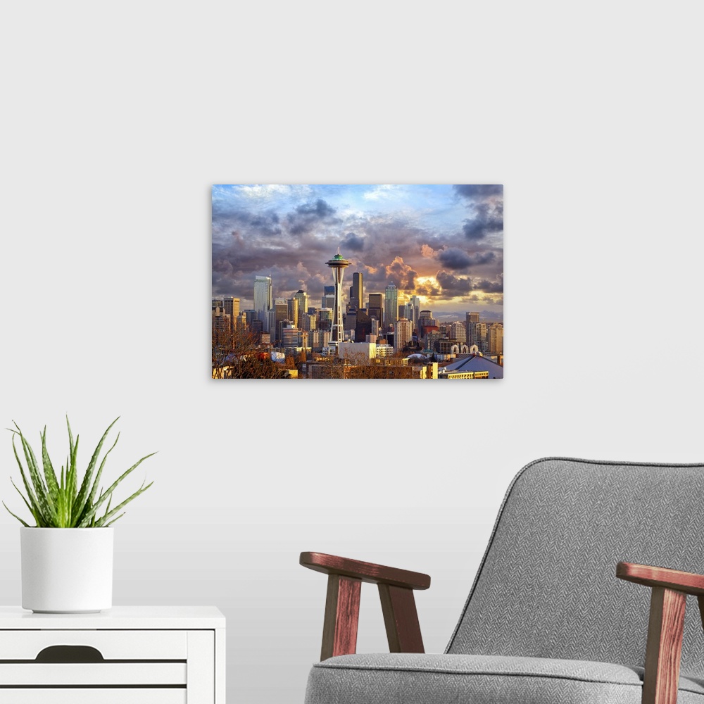 A modern room featuring Seattle Skyline At Sunset, WA