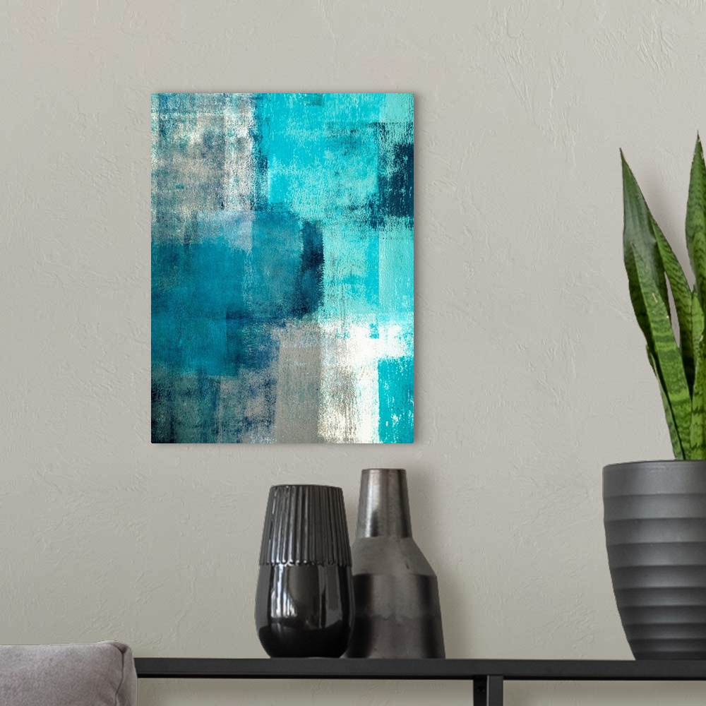 A modern room featuring This teal and grey artwork is the perfect choice for any room or project in need of a trendy abst...