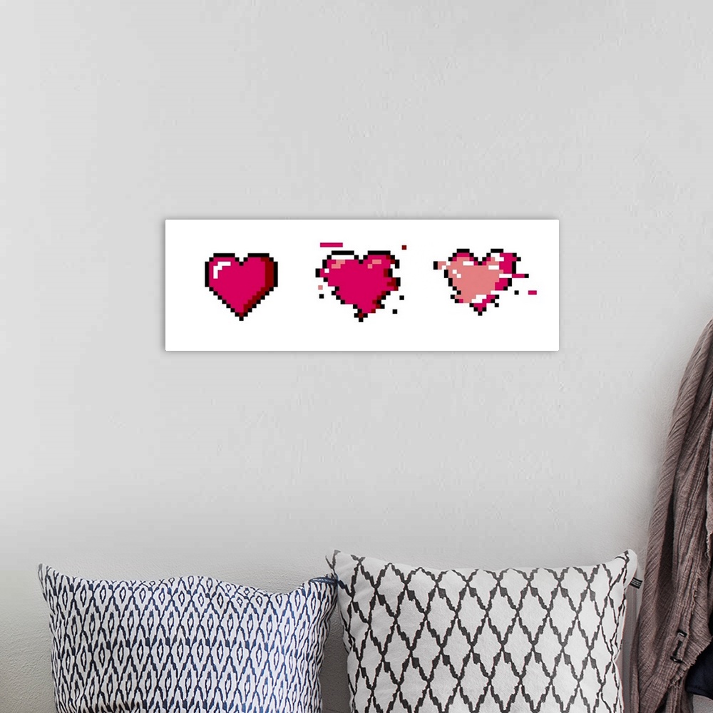 A bohemian room featuring Set of pixel art heart icons. Originally vector 8-bit retro style illustration.