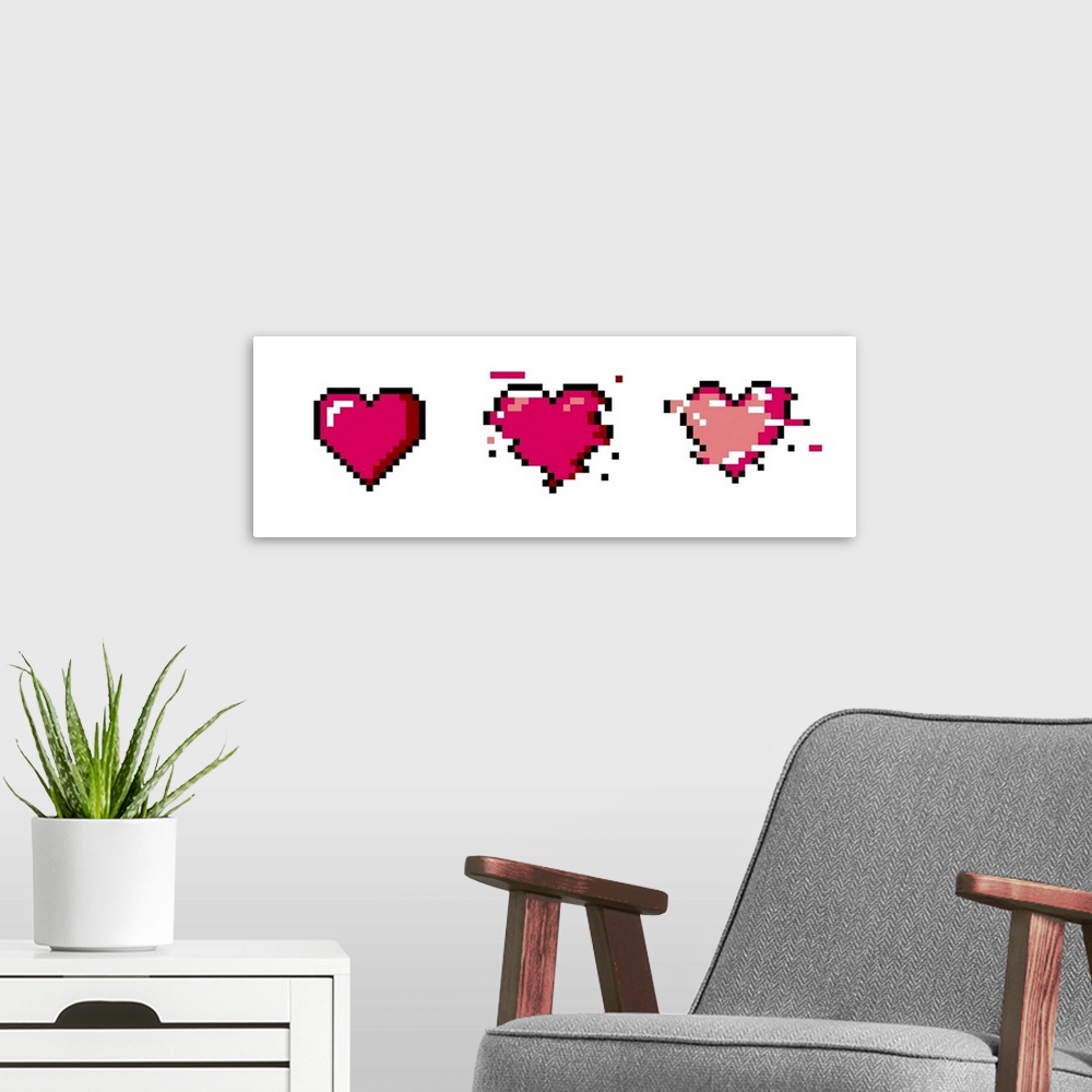 A modern room featuring Set of pixel art heart icons. Originally vector 8-bit retro style illustration.