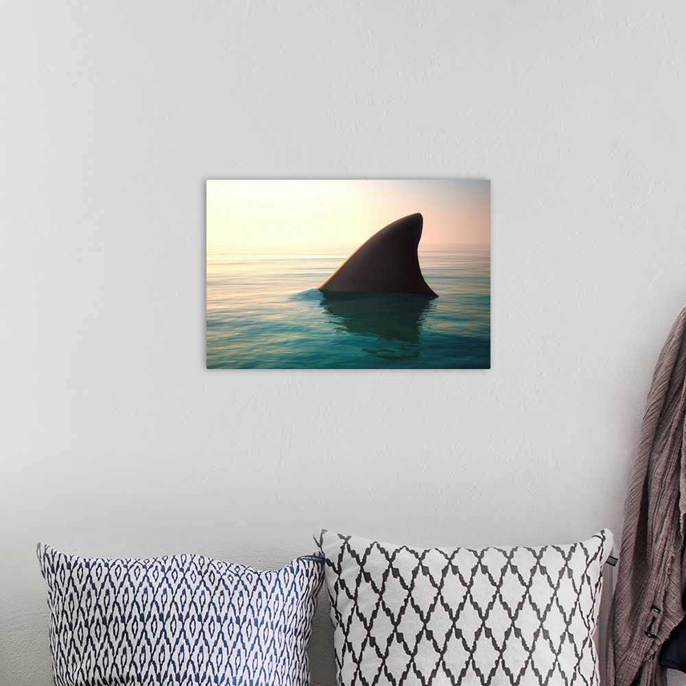 A bohemian room featuring Shark fin above the ocean water at sunset.