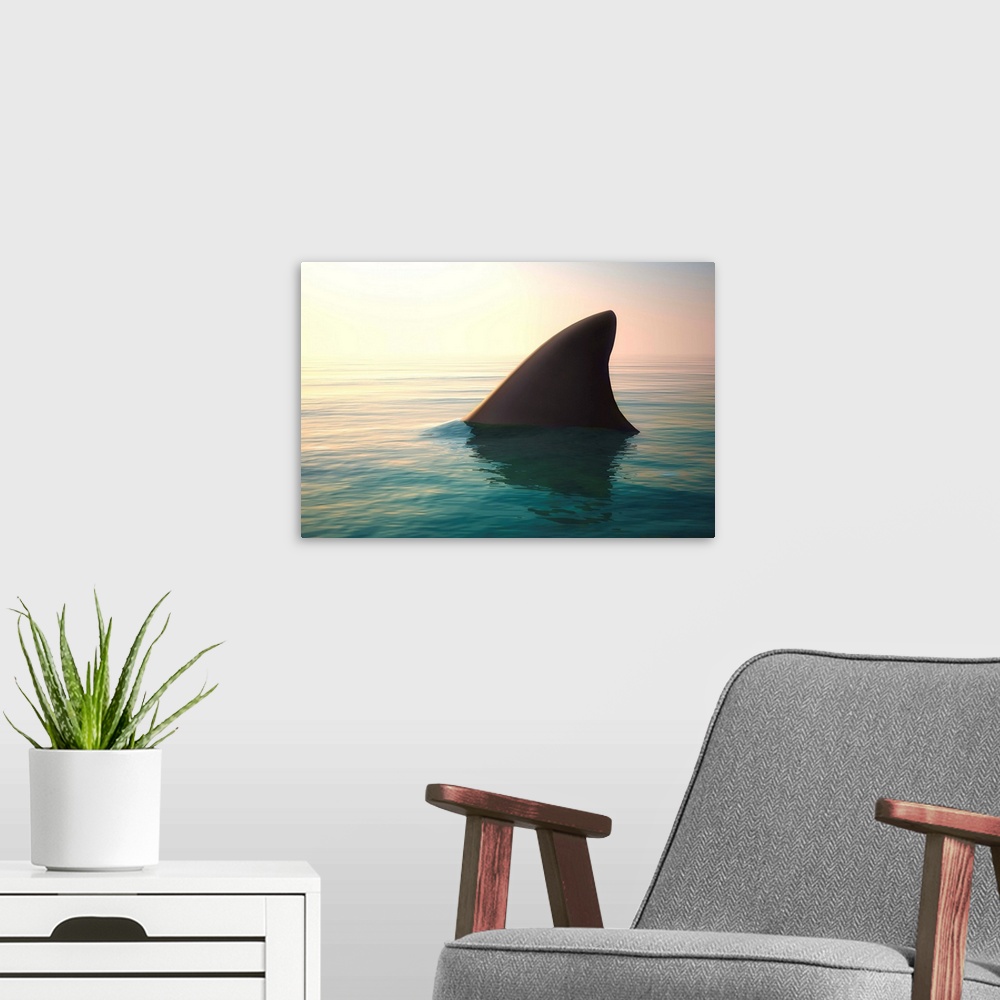 A modern room featuring Shark fin above the ocean water at sunset.