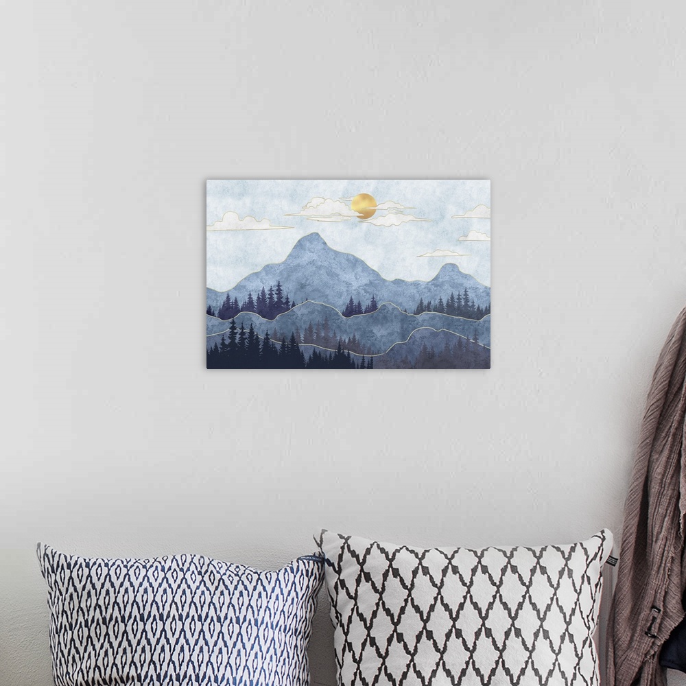 A bohemian room featuring Silhouettes of mountains with trees.